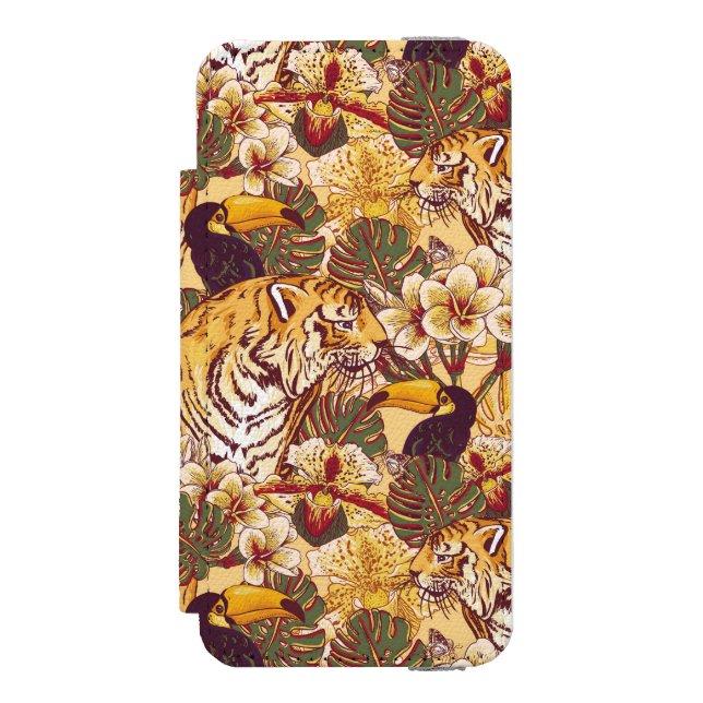 Tropisches Blumenmuster mit Tiger Incipio iPhone Geldbeutel-Hülle (Folio Vorderseite)