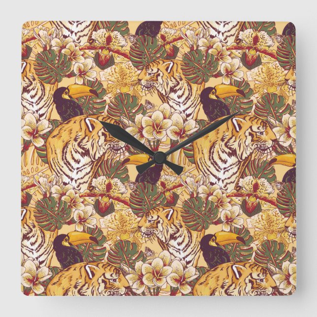 Tropisches Blumenmuster mit Tiger Quadratische Wanduhr (Vorderseite)