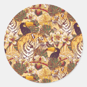 Tropisches Blumenmuster mit Tiger Runder Aufkleber