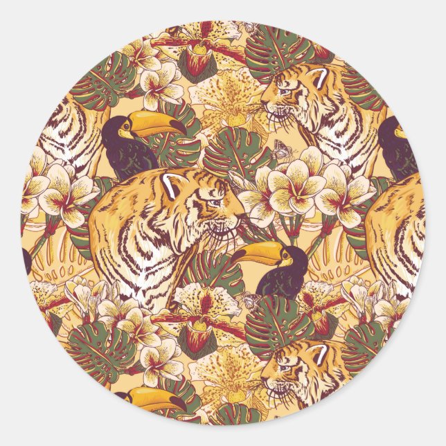Tropisches Blumenmuster mit Tiger Runder Aufkleber (Vorderseite)