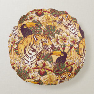 Tropisches Blumenmuster mit Tiger Rundes Kissen