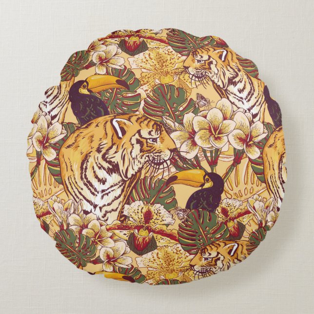 Tropisches Blumenmuster mit Tiger Rundes Kissen (Vorderseite)