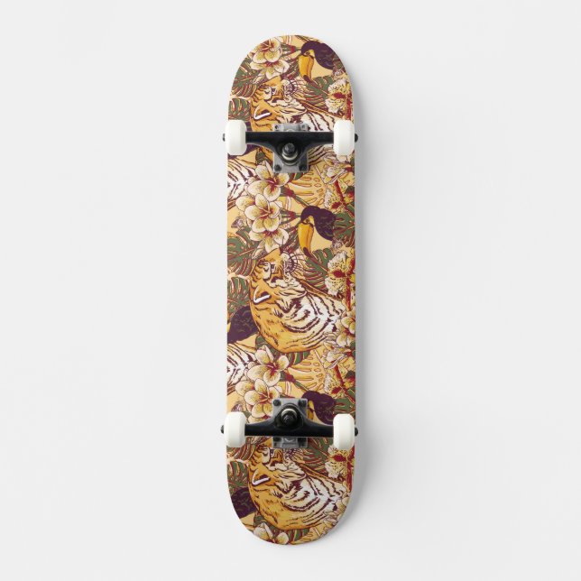 Tropisches Blumenmuster mit Tiger Skateboard (Vorderseite)