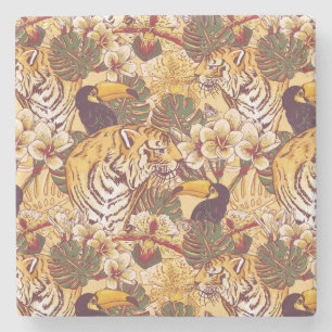 Tropisches Blumenmuster mit Tiger Steinuntersetzer