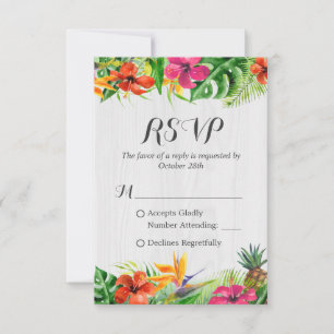 Tropisches Blumiges Flamingo Rustikale Holz Hochze RSVP Karte