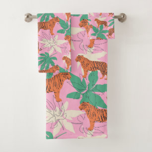 Tropisches Boho Orange Pink Tiger Dschungel Muster Badhandtuch Set