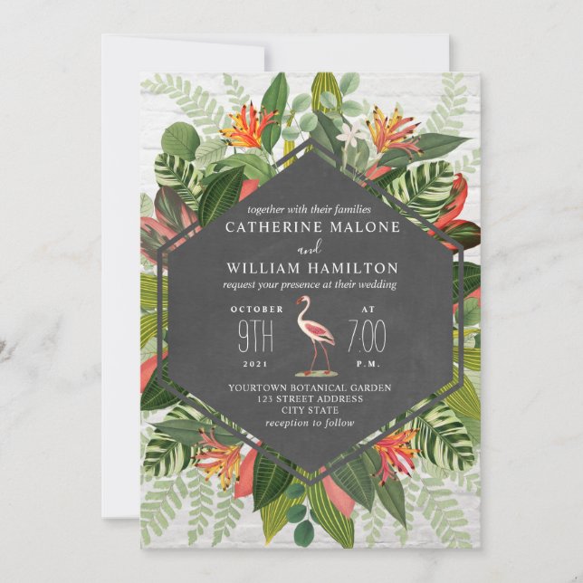 Tropisches Botanisches Flamingo Chalkboard Hochzei Einladung (Vorderseite)