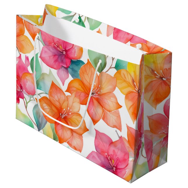 Tropisches Bougainvillea-Muster Große Geschenktüte (Vorderseite Schrägansicht)