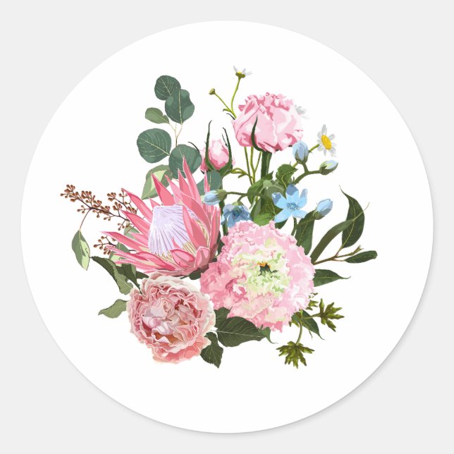 Tropisches Bouquet mit rosa Blume. Runder Aufkleber (Vorderseite)