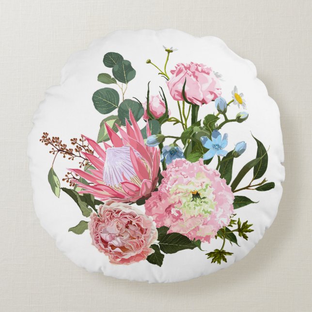 Tropisches Bouquet mit rosa Blume. Rundes Kissen (Vorderseite)