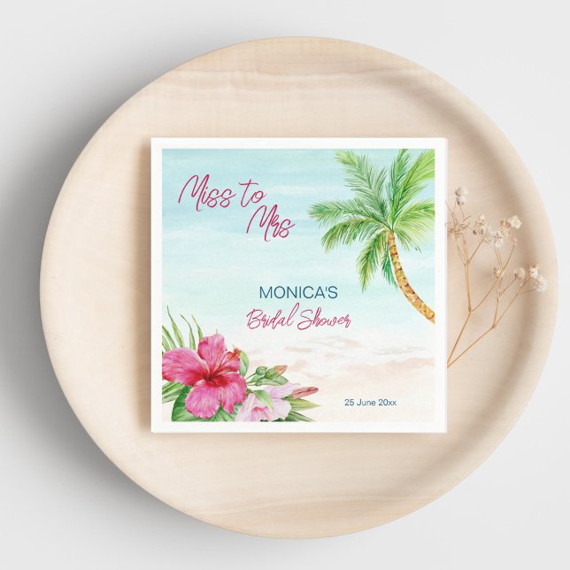 Tropisches Brautparty des Sommers Serviette (Summer beach tropical bridal shower printed napkins personalized tableware pink hibiscus palm tree)