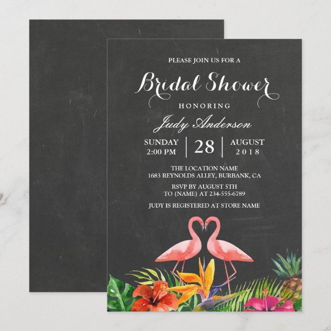 Tropisches Brautparty floral Chalkboard Flamingo Einladung (Vorne/Hinten)