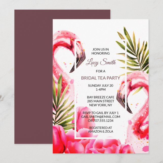 Tropisches Bridal Party Wasserfarbe | Flamingos Einladung (Vorne/Hinten)