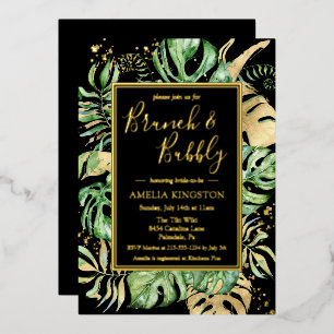 Tropisches Brunch Bubbly Black & Gold Brautparty Folieneinladung