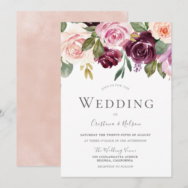 Tropisches Burgund Blush Moderne Hochzeit Einladung (Vorne/Hinten)