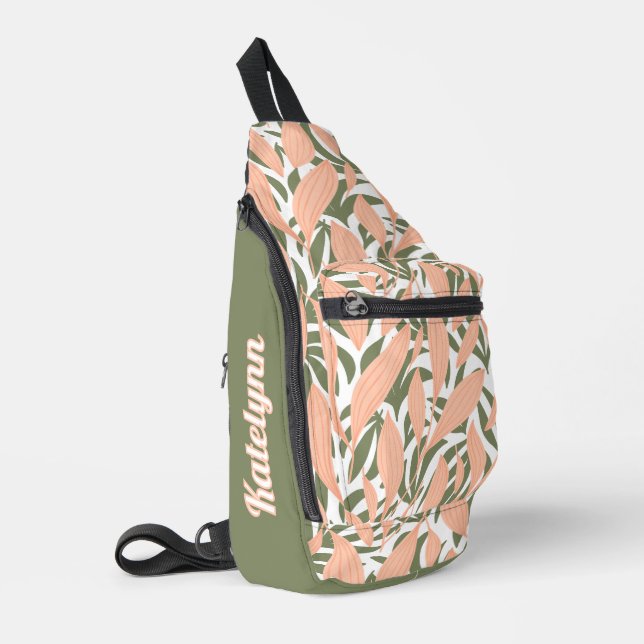 Tropisches Chic Rosa und Grün Personalisiert Crossbody Bag (Linke Seite)