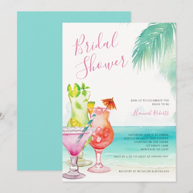 Tropisches Cocktails Beach Brautparty Einladung (Vorne/Hinten)