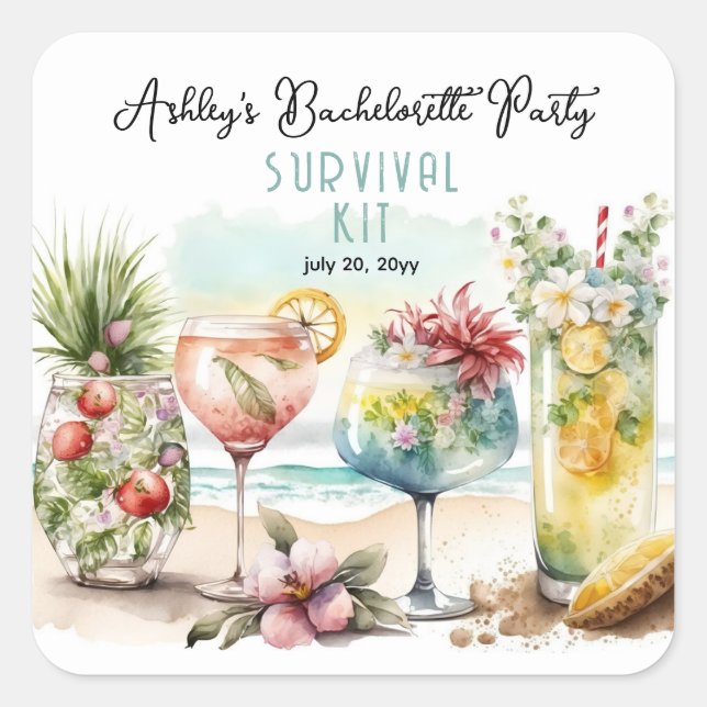 Tropisches Cocktails Junggeselinnen-Abschied Survi Quadratischer Aufkleber (Vorderseite)