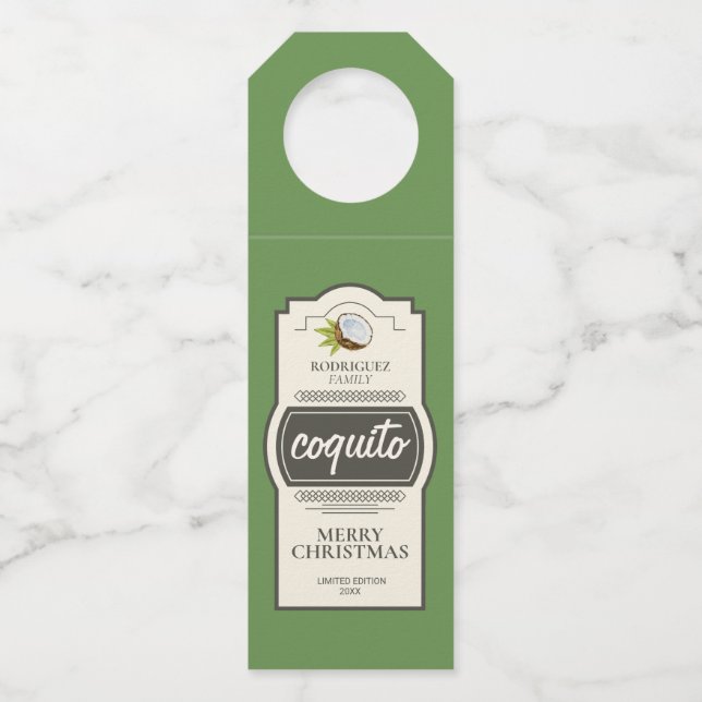 Tropisches Coconut Coquito Weihnachtsgetränk Flaschenanhänger (Vorderseite)