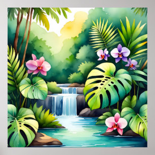 Tropisches Dschungel-Wasserfall-Orchideen-Paradies Poster