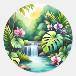 Tropisches Dschungel-Wasserfall-Orchideen-Paradies Runder Aufkleber