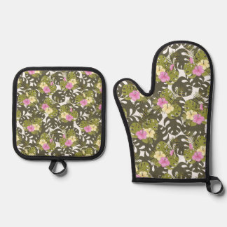 Tropisches Dschungelblätter- und Hibiskus-Muster Ofenhandschuh & Topflappen-Set