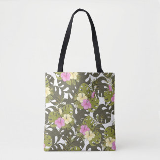 Tropisches Dschungelblätter- und Hibiskus-Muster Tasche