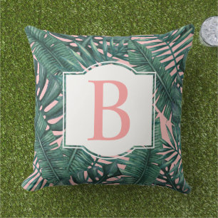 Tropisches dunkles Palmblatt-Rosé-Monogramm Anfang Kissen