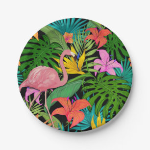 Tropisches exotisches Rosa Flamingo Foliage Pappteller