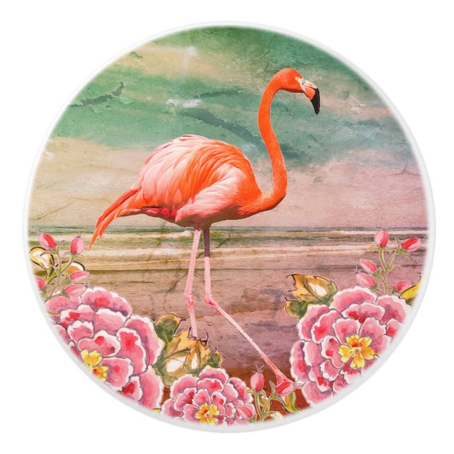 Tropisches Flamingo am Strand mit rosa Blume Aquam Keramikknauf (Vorderseite)