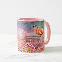 Tropisches Flamingo am Strand, rosa Blume, Monogra