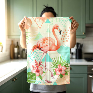 Tropisches Flamingo-Aquarell & geometrisches Muste Geschirrtuch