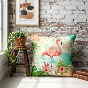Tropisches Flamingo-Aquarell & geometrisches Muste Kissen