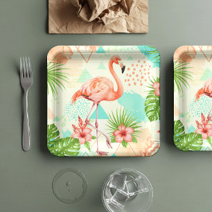Tropisches Flamingo-Aquarell & geometrisches Muste Pappteller