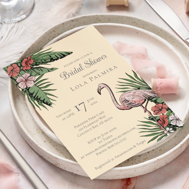 Tropisches Flamingo-Gelbes Brautparty Einladung (Elegant Tropical Bridal Shower Design. Hand-Drawn Pink Flamingo, Hibiscus Flowers, Tropical Greenery)