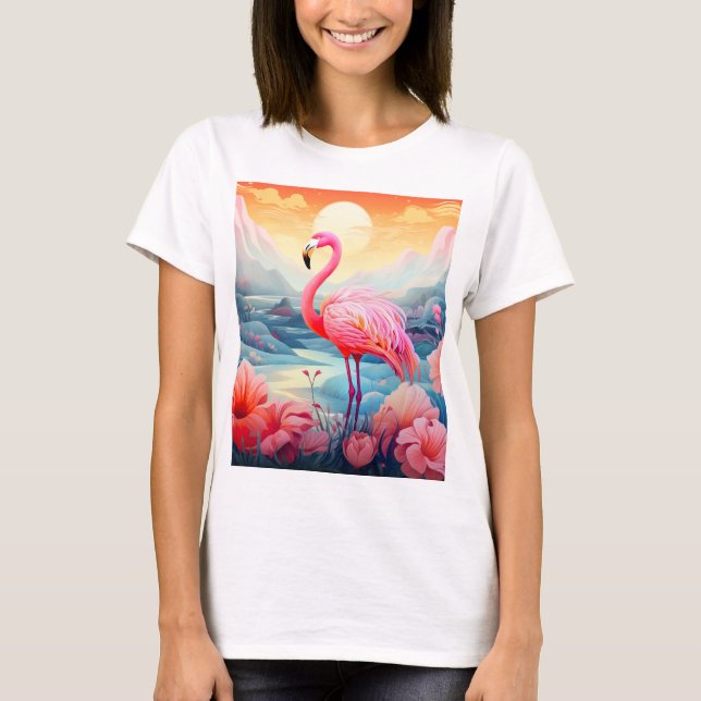 Tropisches Flamingo mit Blume T-Shirt (Vorderseite)