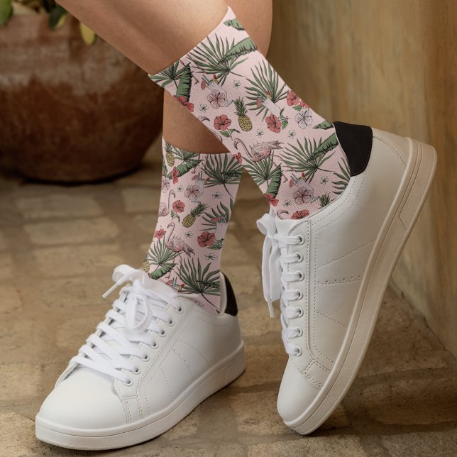Tropisches Flamingo-Muster Pink Socken (Pretty Hawaiian Style Tropical Flamingo Floral Pattern Pink Socks, Hand-Drawn in Black Ink. )