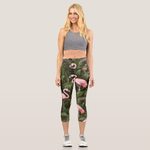 Tropisches Flamingo-Muster: Vintage Blätter Capri Leggings