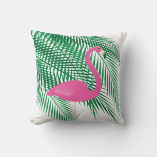 Tropisches Flamingo & Palm Blätter auf Weiß Kissen