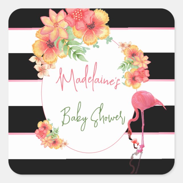 Tropisches Flamingo Pink Black Stripe Kinderdusche Quadratischer Aufkleber (Vorderseite)