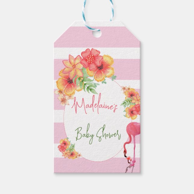 Tropisches Flamingo Pink Stripe Baby Dusche Geschenkanhänger (Vorderseite)
