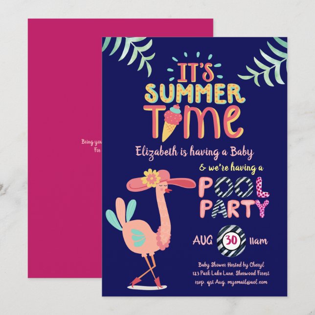 Tropisches Flamingo POOL Party Rosa Blau Quirky Sp Einladung (Vorne/Hinten)