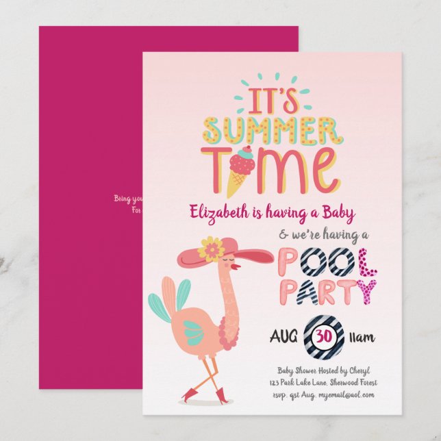 Tropisches Flamingo POOL Party Rosa Blau Quirky Sp Einladung (Vorne/Hinten)