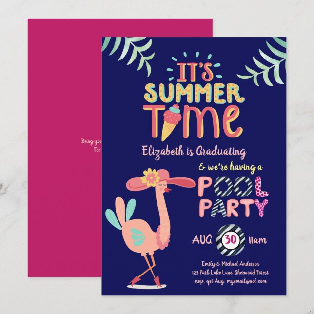 Tropisches Flamingo POOL PARTY Rosa Blaue Girls Einladung (Vorne/Hinten)