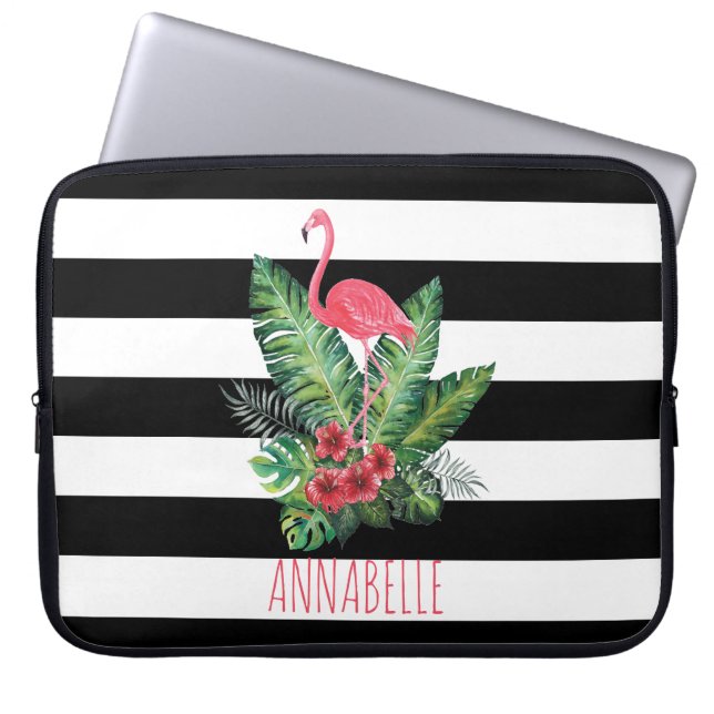 Tropisches Flamingo und Blume Streifen Laptopschutzhülle (Vorderseite)