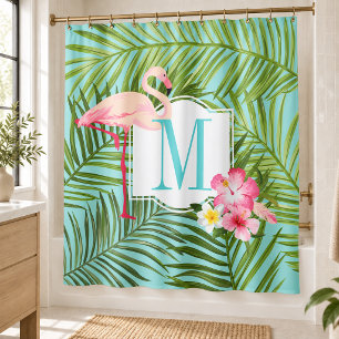 Tropisches Flamingo- und Hibiskusblumen-Monogramm Duschvorhang