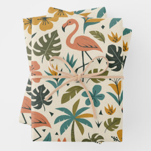 Tropisches Flamingo- und Palmenbaum-Muster Geschenkpapier Set