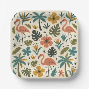 Tropisches Flamingo- und Palmenbaum-Muster Pappteller