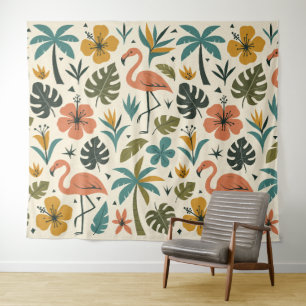 Tropisches Flamingo- und Palmenbaum-Muster Wandteppich