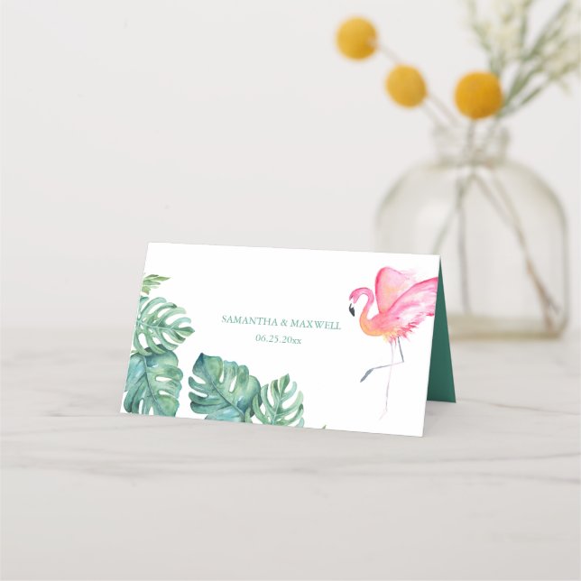 Tropisches Flamingo & Watercolor Grüne Hochzeit Platzkarte (Rückseite)